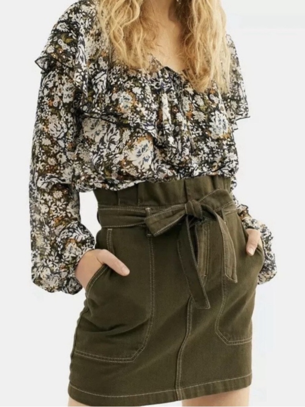 FREE PEOPLE Splendor in the Grass Green Boho Paperbag Waist Mini‎ Skirt Size 4